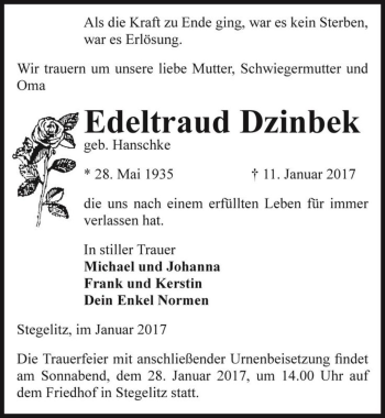 Traueranzeige von Edeltraud Dzinbek (geb. Hanschke)  von Magdeburger Volksstimme