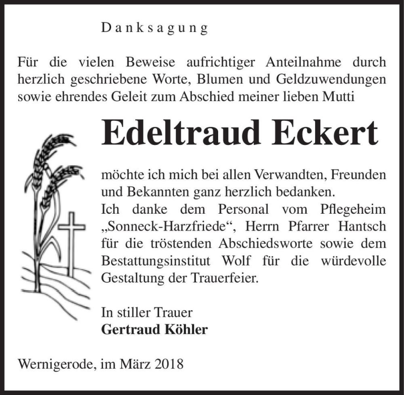  Traueranzeige für Edeltraud Eckert  vom 22.03.2018 aus Magdeburger Volksstimme