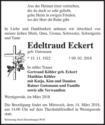 Traueranzeige von Edeltraud Eckert (geb. Gutsmann)  von Magdeburger Volksstimme