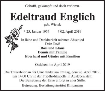 Traueranzeige von Edeltraud Englich (geb. Wietek)  von Magdeburger Volksstimme