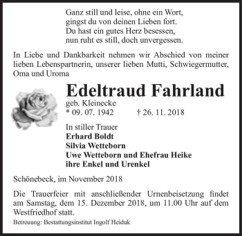Traueranzeige von Edeltraud Fahrland (geb. Kleinecke)  von Magdeburger Volksstimme