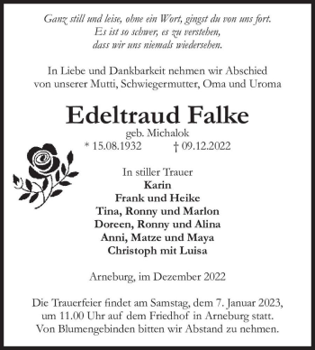 Traueranzeige von Edeltraud Falke (geb. Michalok)  von Magdeburger Volksstimme