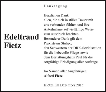 Traueranzeige von Edeltraud Fietz  von Magdeburger Volksstimme