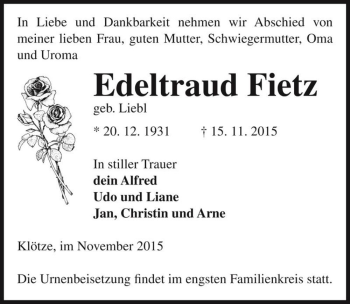Traueranzeige von Edeltraud Fietz (geb. Liebl)  von Magdeburger Volksstimme