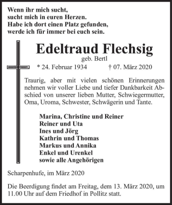 Traueranzeige von Edeltraud Flechsig (geb. Bertl)  von Magdeburger Volksstimme