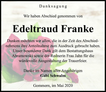 Traueranzeige von Edeltraud Franke  von Magdeburger Volksstimme