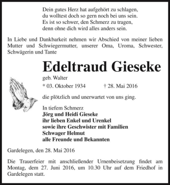 Traueranzeige von Edeltraud Gieseke (geb. Walter)  von Magdeburger Volksstimme