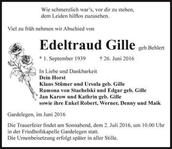 Traueranzeige von Edeltraud Gille (geb. Behlert)  von Magdeburger Volksstimme