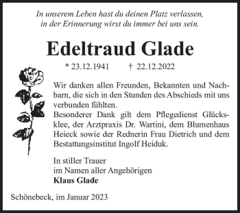Traueranzeige von Edeltraud Glade  von Magdeburger Volksstimme