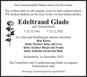 Traueranzeige von Edeltraud Glade (geb. Schwarzbach)  von Magdeburger Volksstimme