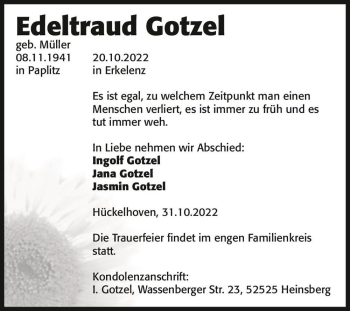 Traueranzeige von Edeltraud Gotzel (geb. Müller)  von Magdeburger Volksstimme