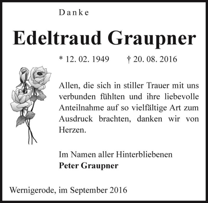  Traueranzeige für Edeltraud Graupner  vom 02.09.2016 aus Magdeburger Volksstimme