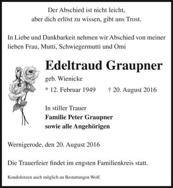 Traueranzeige von Edeltraud Graupner (geb. Wienicke)  von Magdeburger Volksstimme