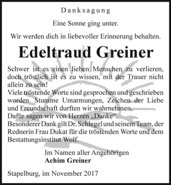 Traueranzeige von Edeltraud Greiner  von Magdeburger Volksstimme