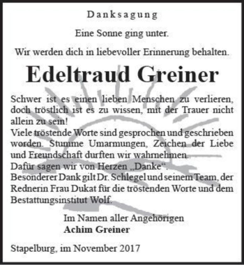 Traueranzeige von Edeltraud Greiner  von Magdeburger Volksstimme