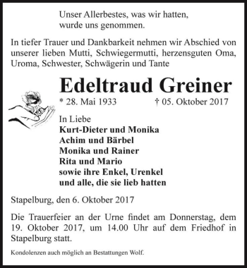Traueranzeige von Edeltraud Greiner  von Magdeburger Volksstimme