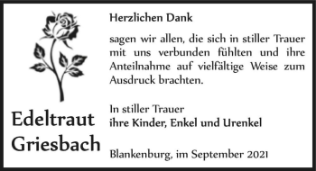 Traueranzeige von Edeltraud Griesbach  von Magdeburger Volksstimme