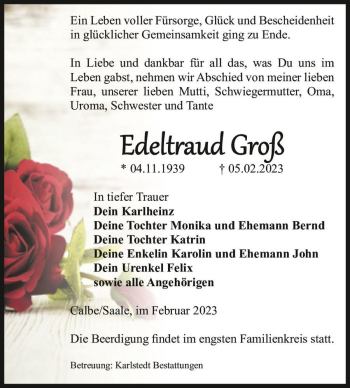 Traueranzeige von Edeltraud Groß  von Magdeburger Volksstimme