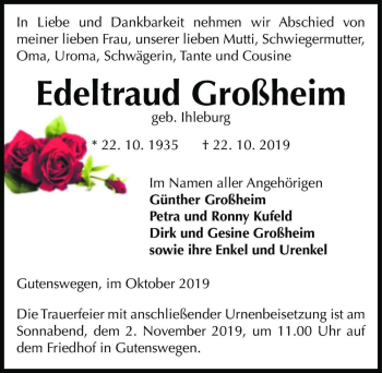 Traueranzeige von Edeltraud Großheim (geb. Ihleburg)  von Magdeburger Volksstimme