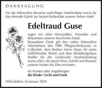 Traueranzeige von Edeltraud Guse  von Magdeburger Volksstimme