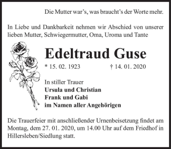 Traueranzeige von Edeltraud Guse  von Magdeburger Volksstimme
