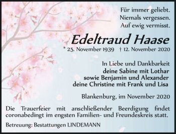 Traueranzeige von Edeltraud Haase  von Magdeburger Volksstimme