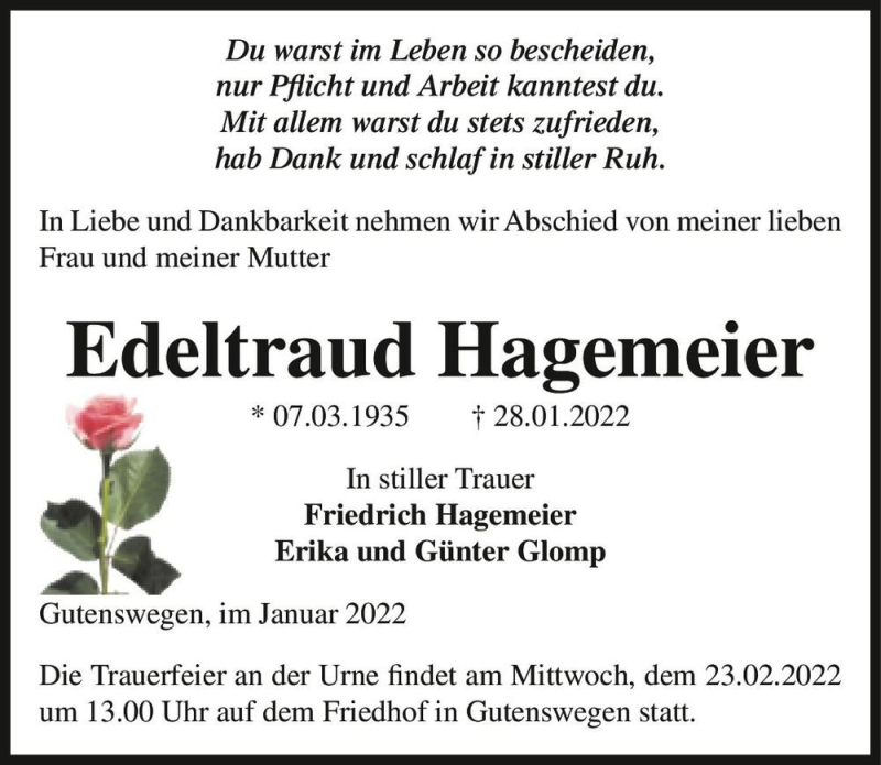  Traueranzeige für Edeltraud Hagemeier  vom 12.02.2022 aus Magdeburger Volksstimme