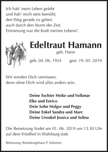Traueranzeige von Edeltraud Hamann (geb. Hann)  von Magdeburger Volksstimme