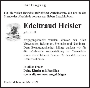 Traueranzeige von Edeltraud Heisler (geb. Kroll)  von Magdeburger Volksstimme