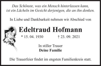 Traueranzeige von Edeltraud Hofmann  von Magdeburger Volksstimme