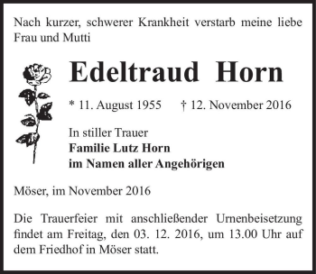 Traueranzeige von Edeltraud Horn  von Magdeburger Volksstimme