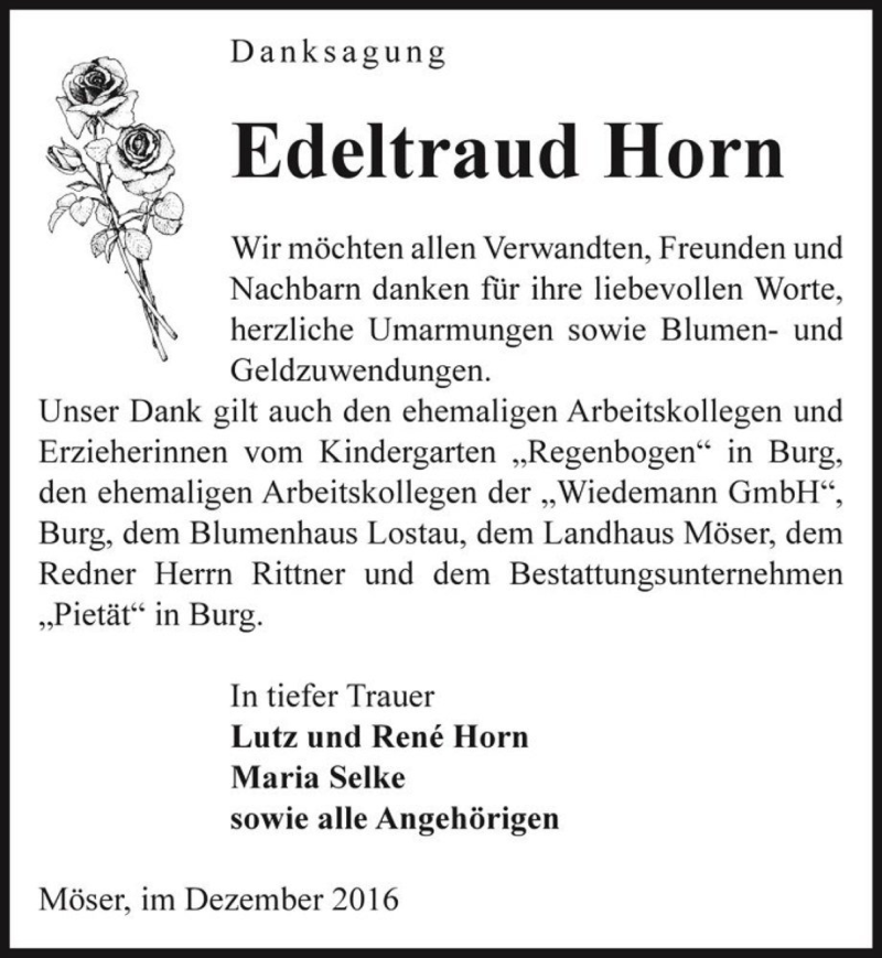  Traueranzeige für Edeltraud Horn  vom 10.12.2016 aus Magdeburger Volksstimme