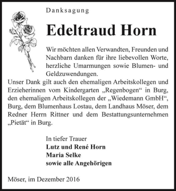 Traueranzeige von Edeltraud Horn  von Magdeburger Volksstimme