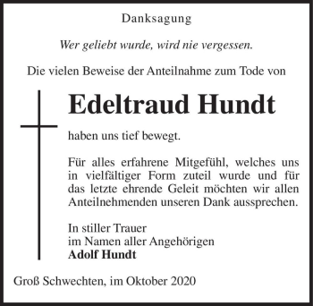 Traueranzeige von Edeltraud Hundt  von Magdeburger Volksstimme