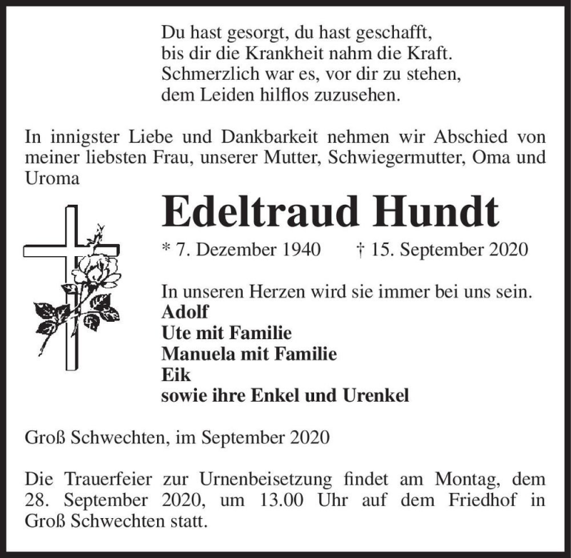  Traueranzeige für Edeltraud Hundt  vom 22.09.2020 aus Magdeburger Volksstimme