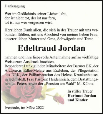 Traueranzeige von Edeltraud Jordan  von Magdeburger Volksstimme