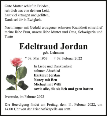 Traueranzeige von Edeltraud Jordan (geb. Lehmann)  von Magdeburger Volksstimme