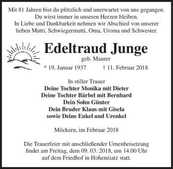 Traueranzeige von Edeltraud Junge (geb. Maurer)  von Magdeburger Volksstimme