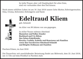 Traueranzeige von Edeltraud Kliem (geb. Schmidt)  von Magdeburger Volksstimme