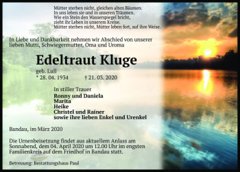 Traueranzeige von Edeltraud Kluge (geb. Lull)  von Magdeburger Volksstimme