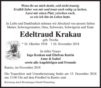 Traueranzeige von Edeltraud Krakau (geb. Trocha)  von Magdeburger Volksstimme
