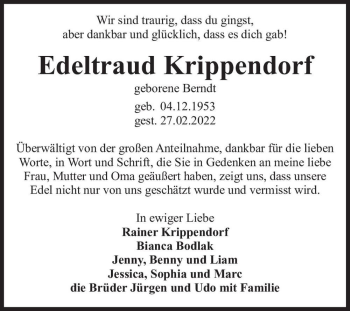 Traueranzeige von Edeltraud Krippendorf (geb. Berndt)  von Magdeburger Volksstimme