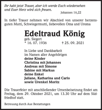 Traueranzeige von Edeltraud König (geb. Siegert)  von Magdeburger Volksstimme