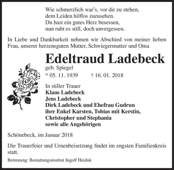 Traueranzeige von Edeltraud Ladebeck (geb. Spiegel)  von Magdeburger Volksstimme