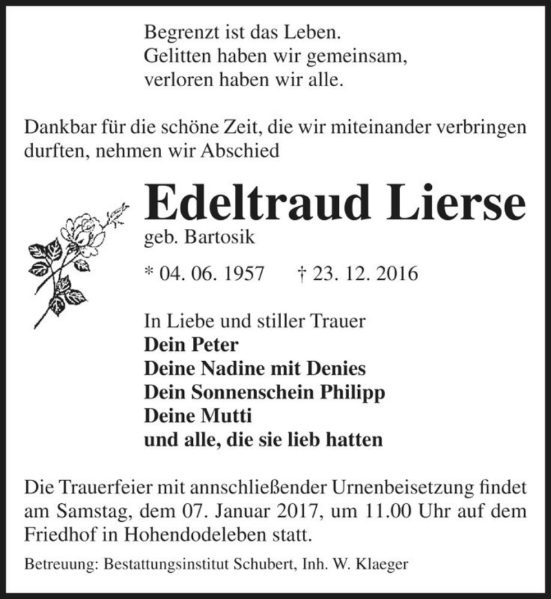  Traueranzeige für Edeltraud Lierse (geb. Bartosik)  vom 31.12.2016 aus Magdeburger Volksstimme