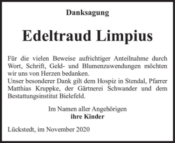 Traueranzeige von Edeltraud Limpius  von Magdeburger Volksstimme