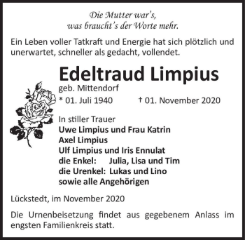 Traueranzeige von Edeltraud Limpius (geb. Mittendorf)  von Magdeburger Volksstimme