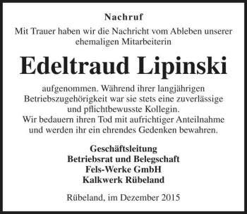 Traueranzeige von Edeltraud Lipinski  von Magdeburger Volksstimme
