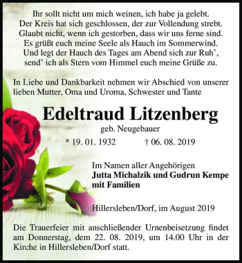 Traueranzeige von Edeltraud Litzenberg (geb. Neugebauer)  von Magdeburger Volksstimme