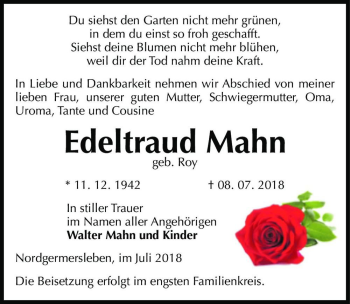 Traueranzeige von Edeltraud Mahn (geb. Roy)  von Magdeburger Volksstimme
